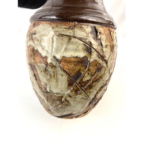 Vintage Studio Art Pottery Vase Impressed Leaf Design Rustic Stoneware Glaze - Picture 5 of 10